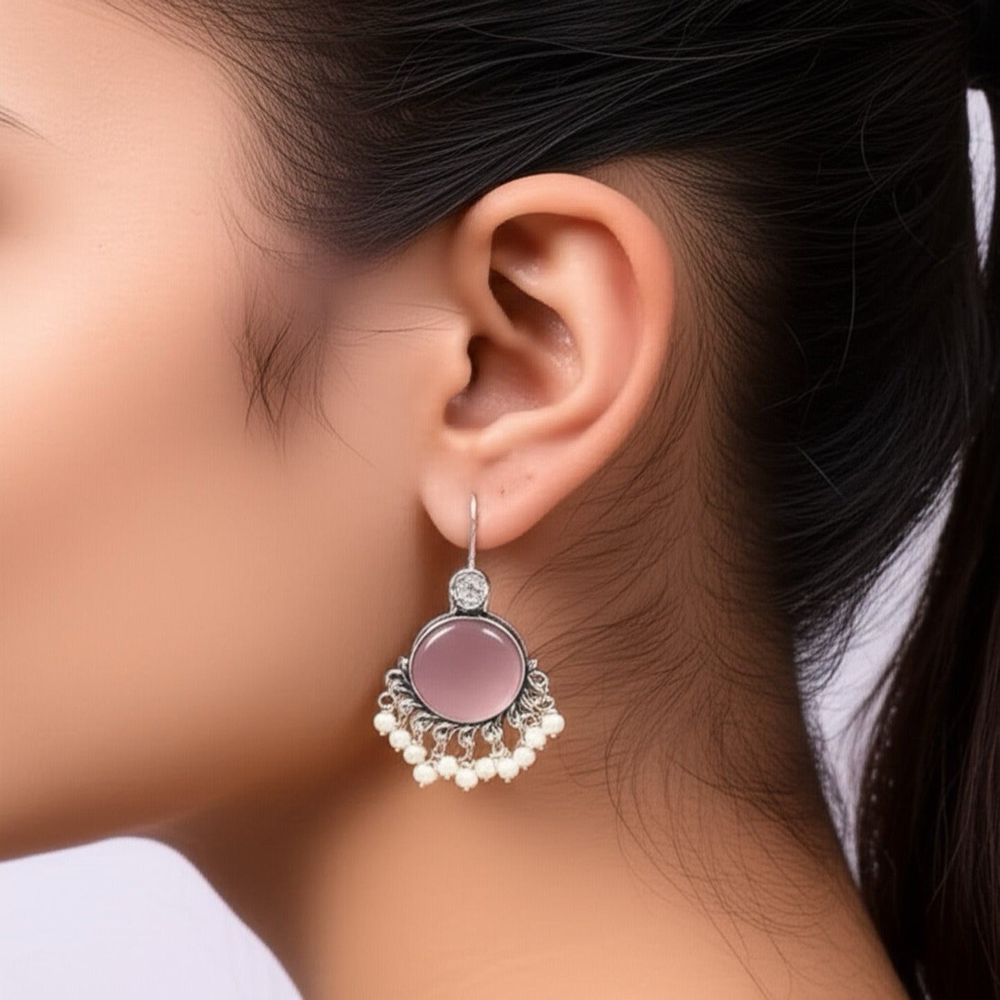 91509-ERO Pretty Precious Fashion Oxidised Silver Stylish Party Wear Earrings for Women and Girls-Pink
