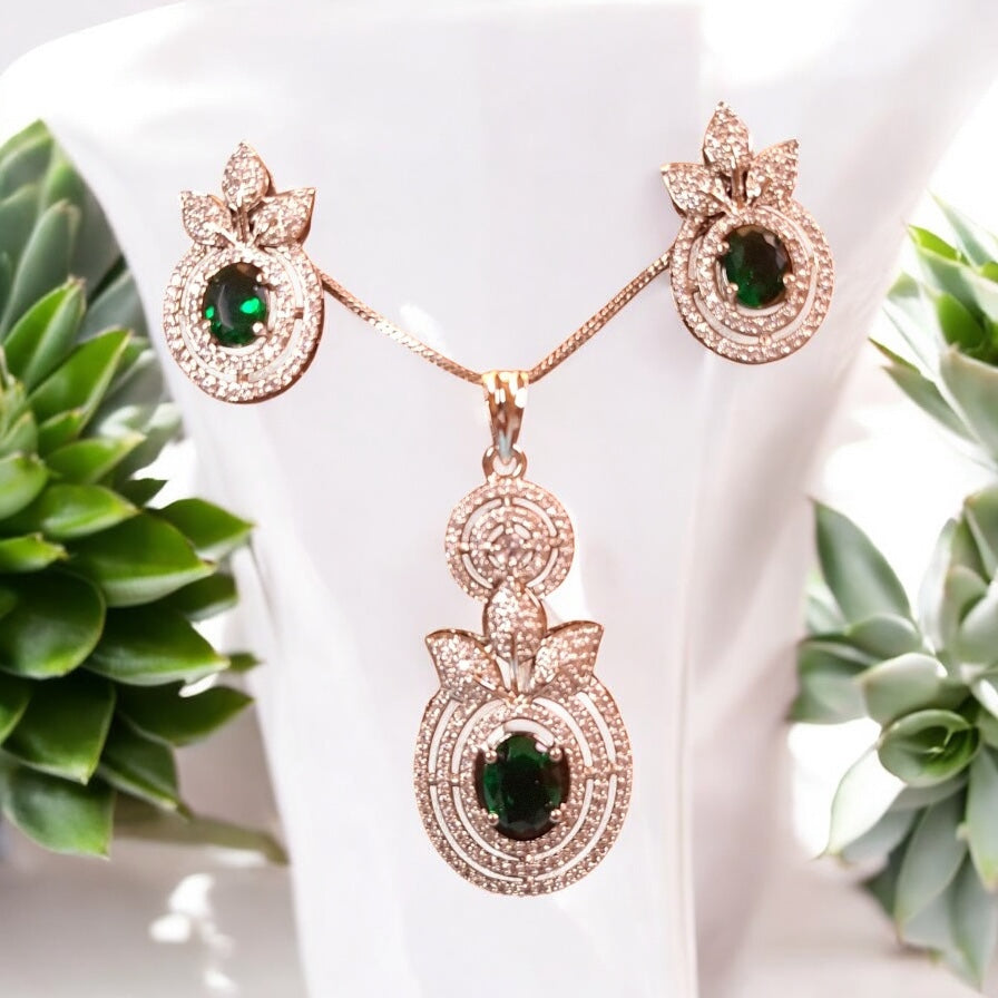 93909-PS-American Diamond Delicate Pendant Set With Rhodium Plating-Green