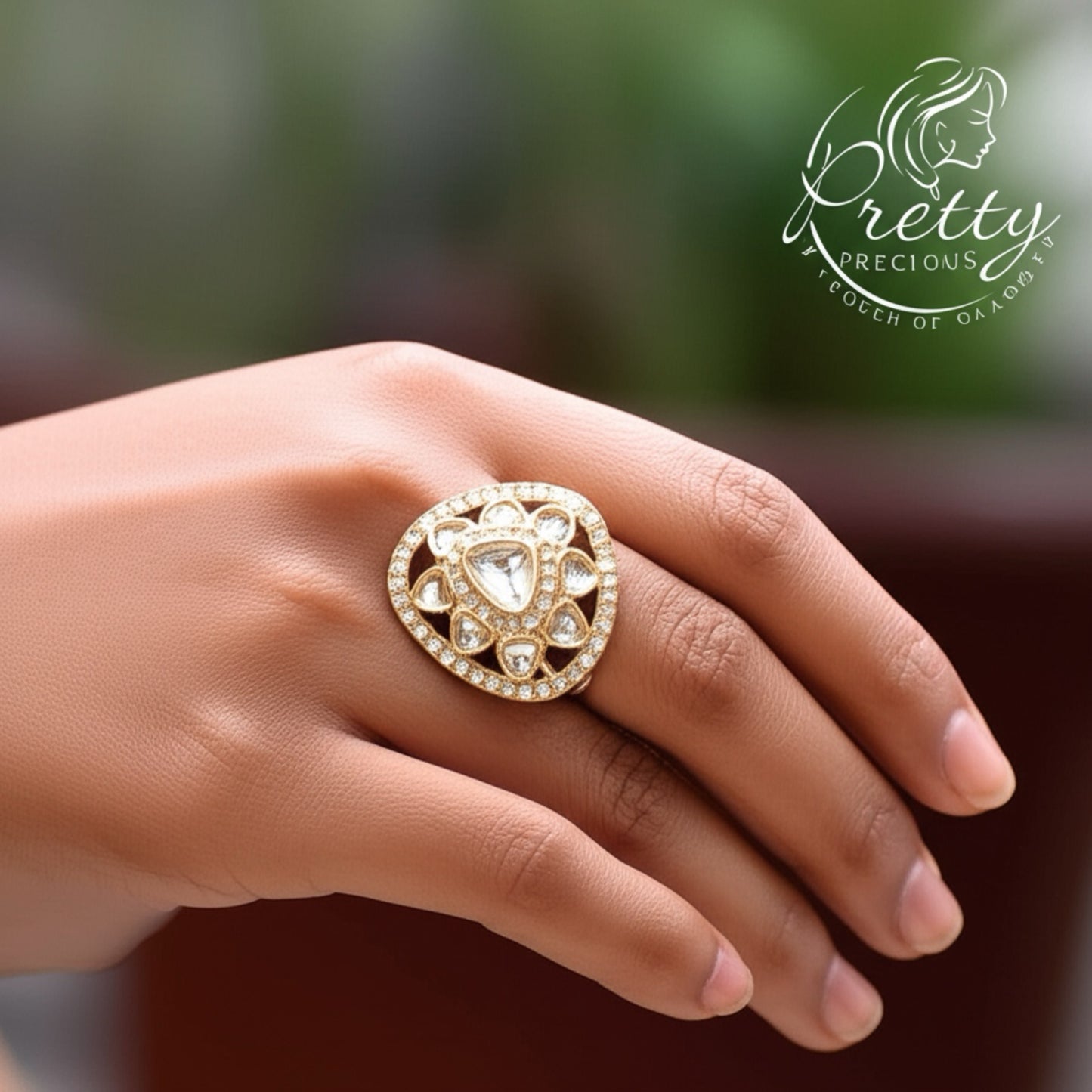 110001 Indo Western Adjustable Ring With Gold Plating-White