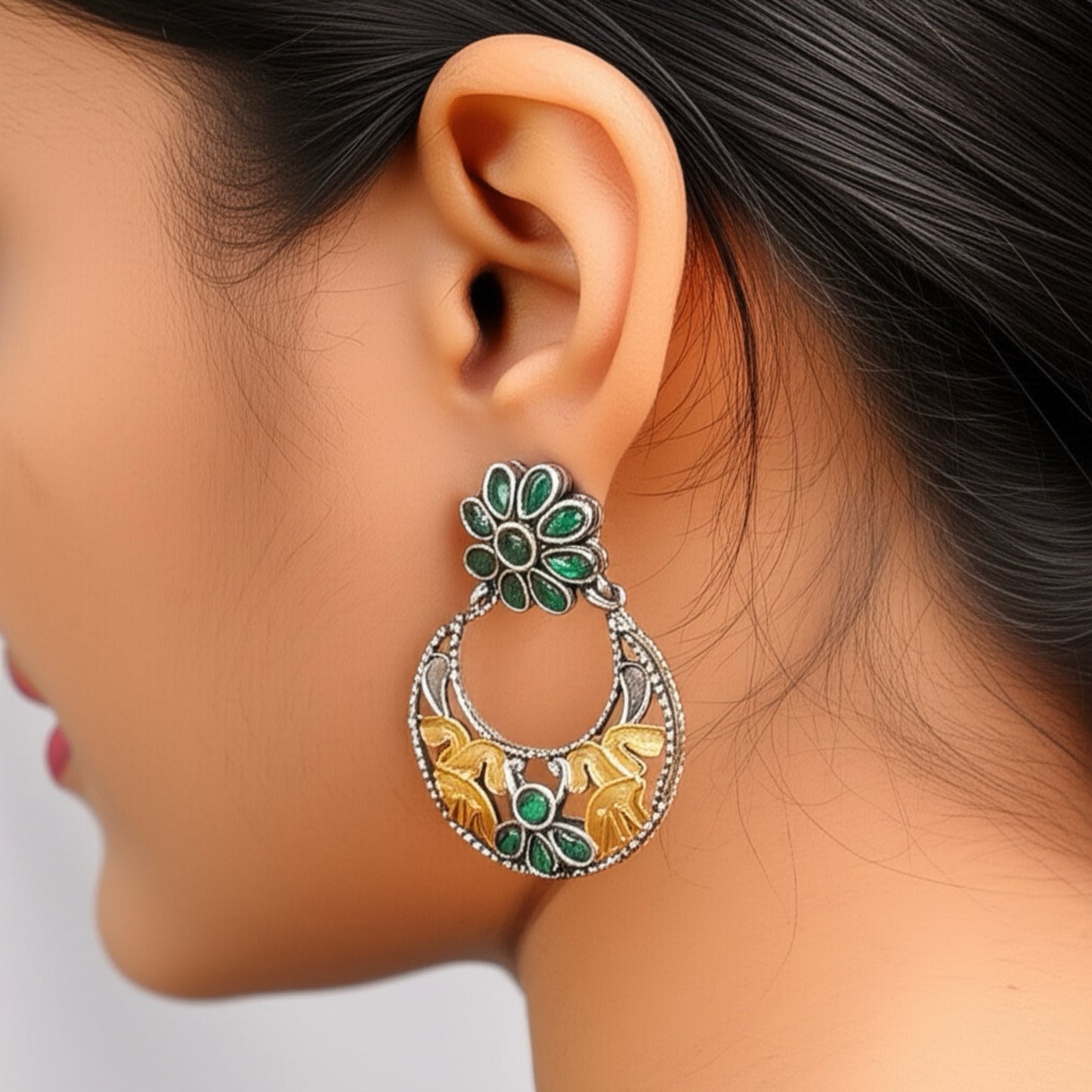 91999-ERO Pretty Precious Fashion Oxidised Silver Stylish Party Wear Earrings for Women and Girls-Green