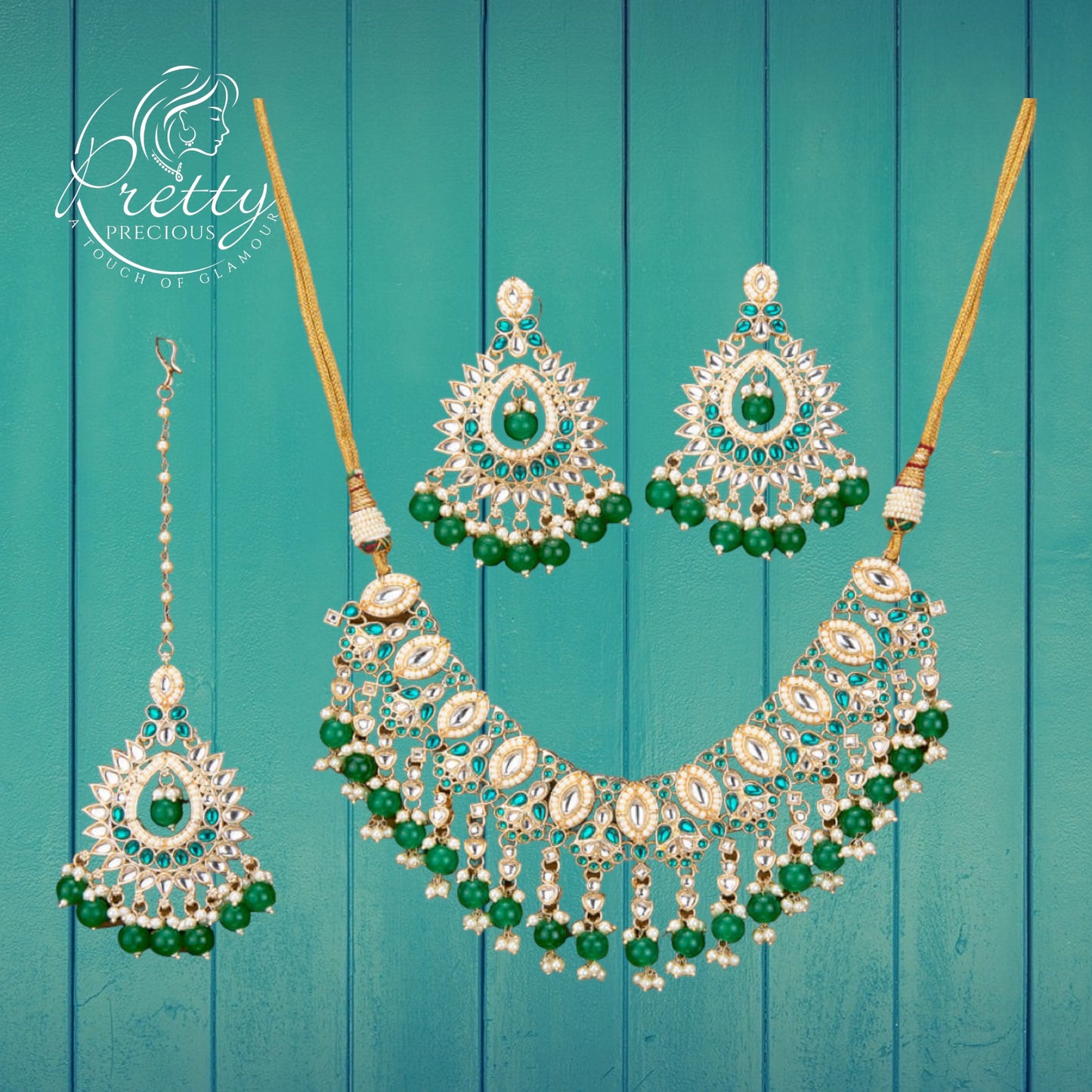 110784 Indo Western Kundan Necklace With Gold Plating-Green