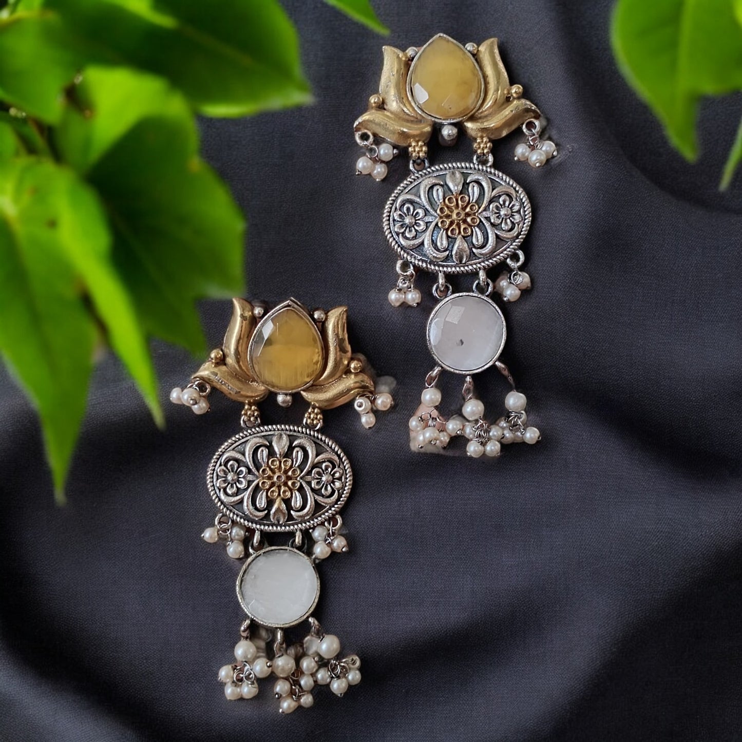 94209-ERO Pretty Precious Fashion Oxidised Silver Stylish Party Wear Earrings for Women and Girls-Yellow