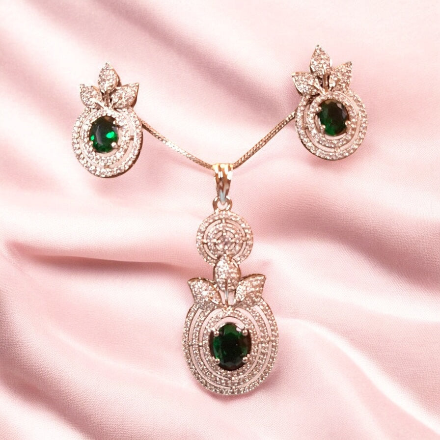 93909-PS-American Diamond Delicate Pendant Set With Rhodium Plating-Green