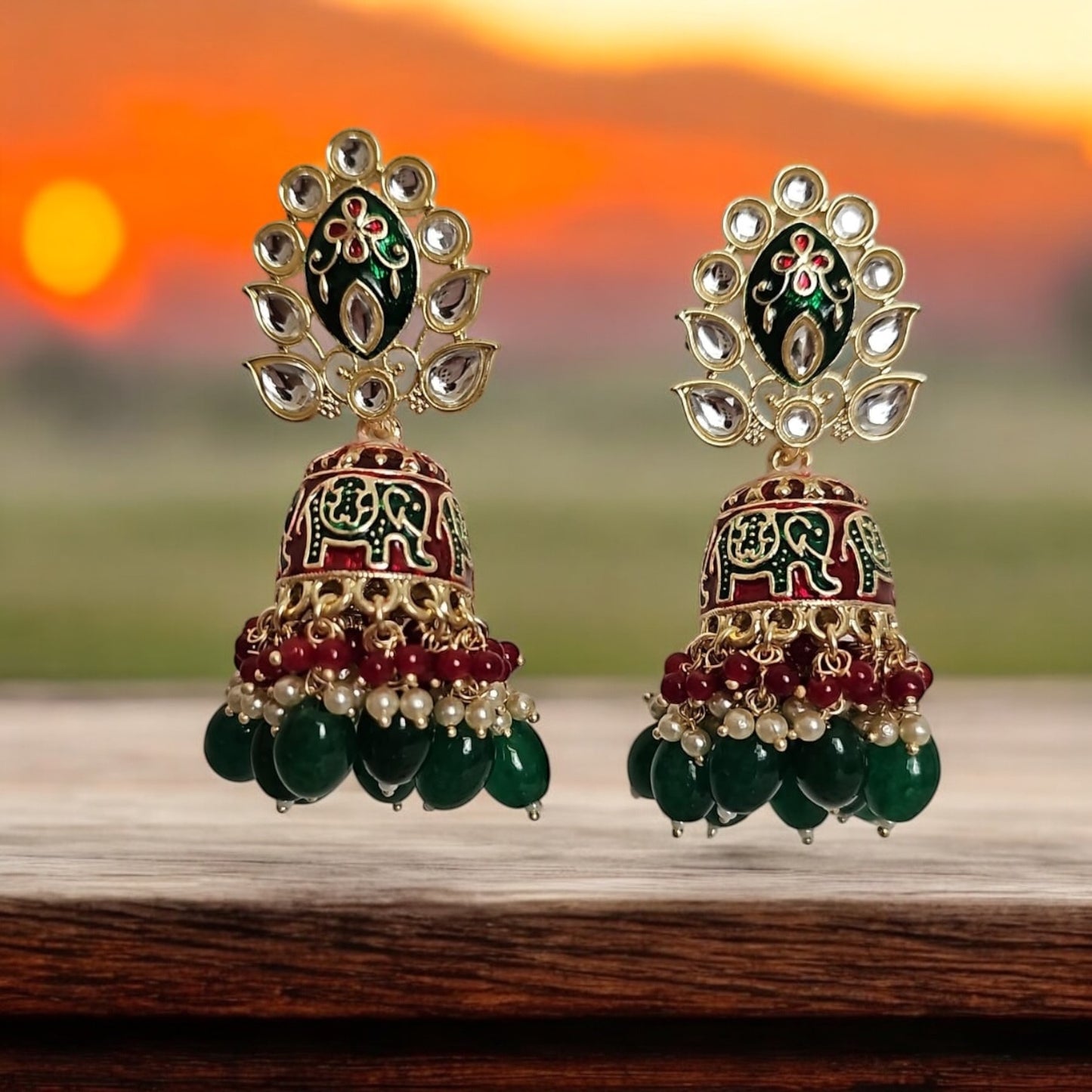 V10014-Indo Western (Kundan) Earring-Rubygreen