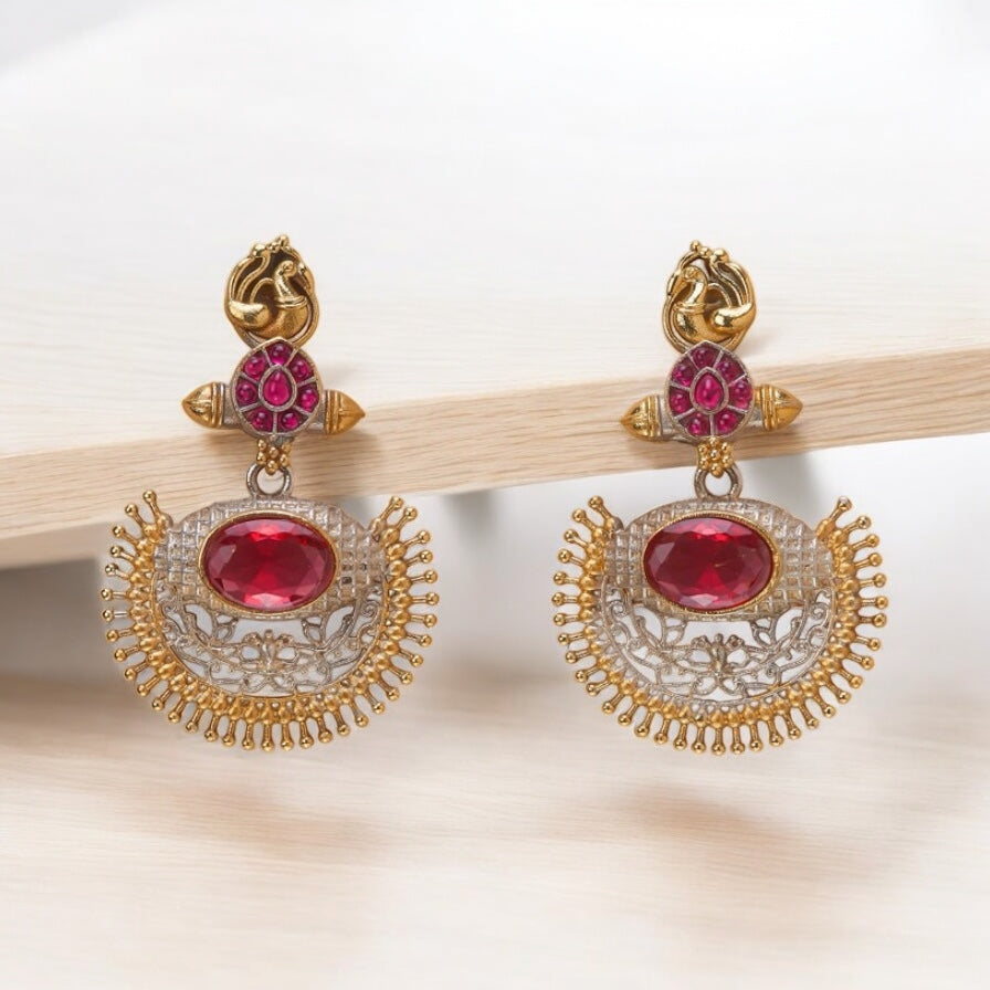 809101 Oxidised Chand Earring With 2 Tone Plating-Ruby