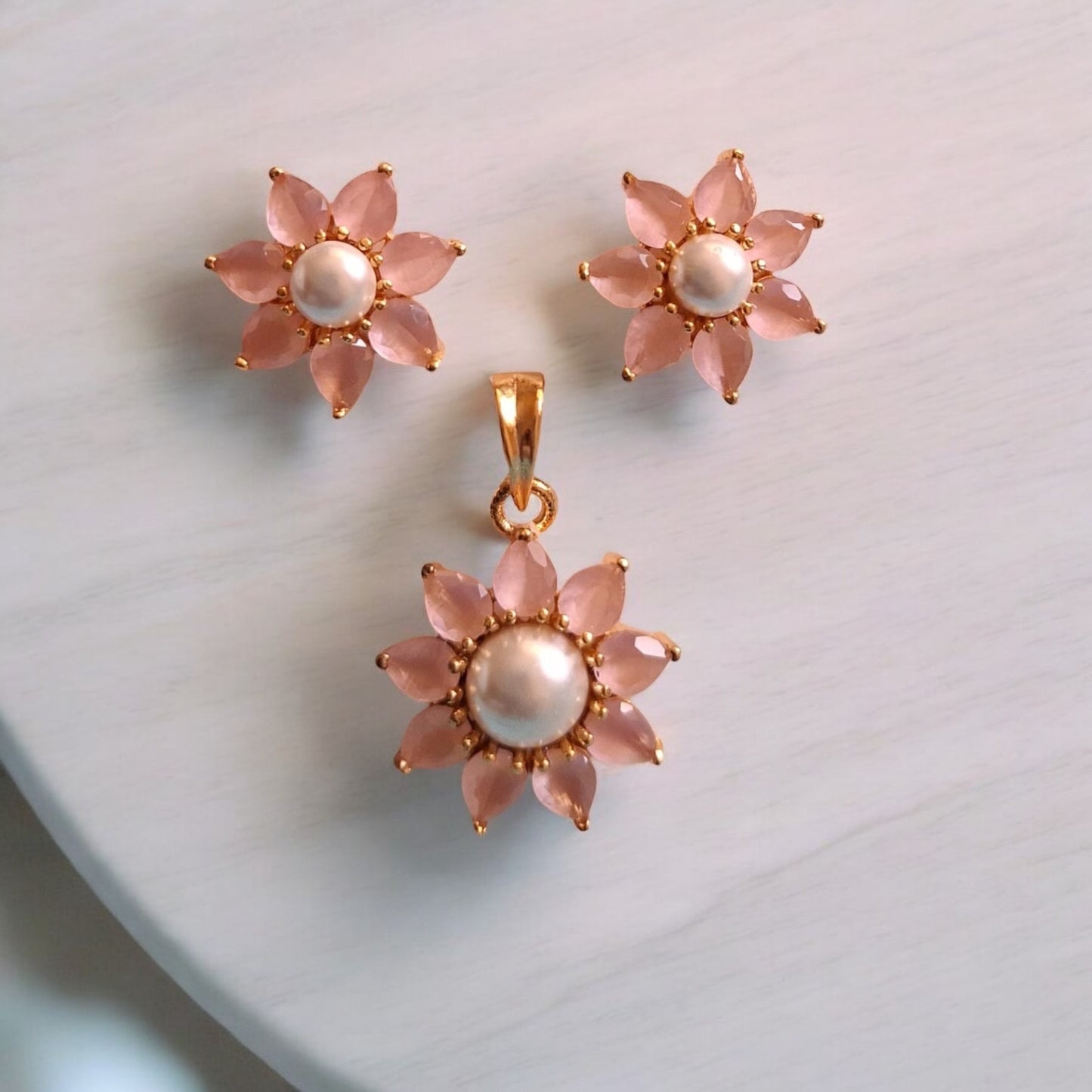 436098-American Diamond Delicate Pendant Set With Gold Plating-Pink
