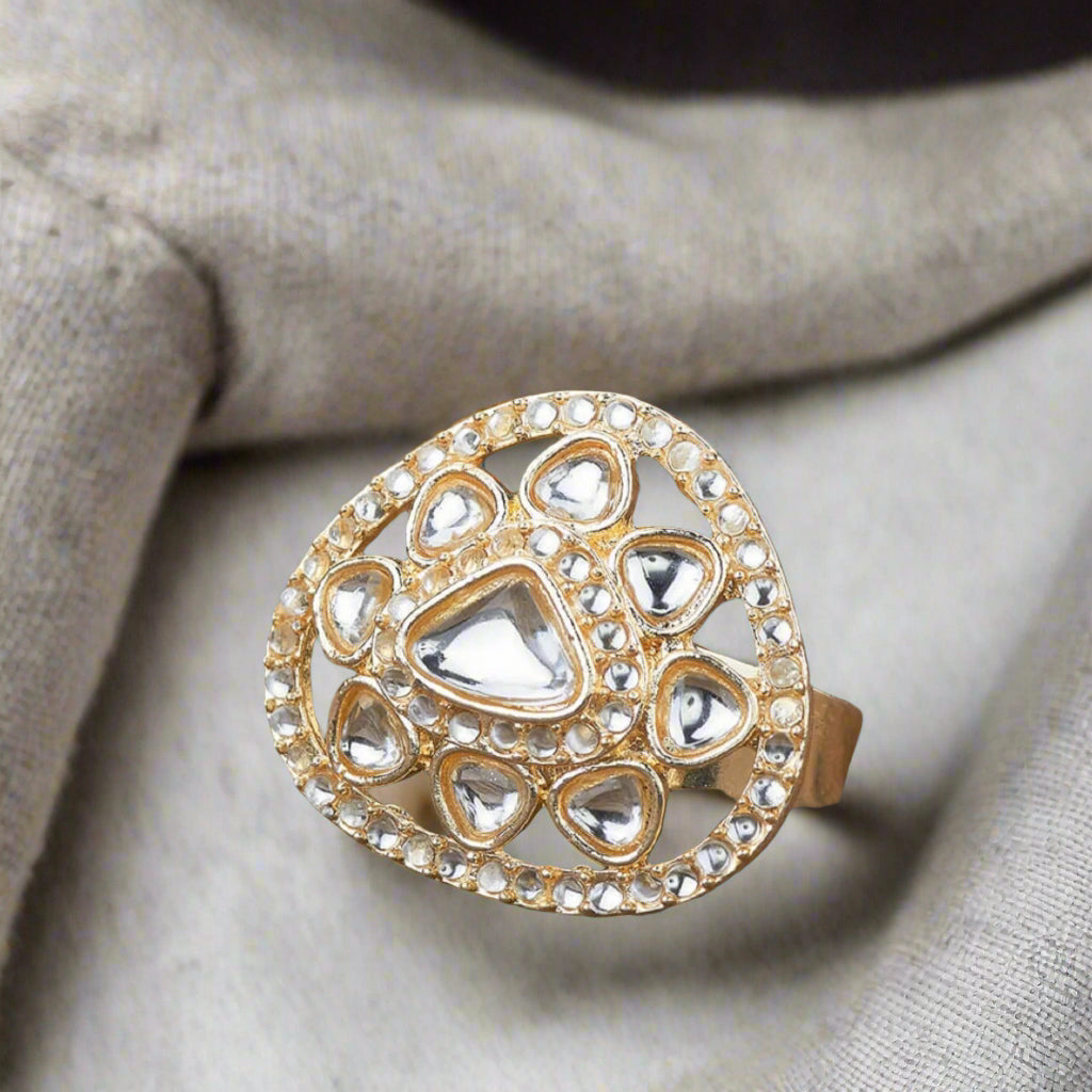 110001 Indo Western Adjustable Ring With Gold Plating-White