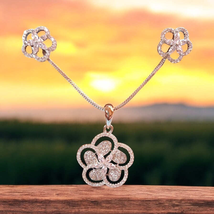 92859-PS-American Diamond Delicate Pendant Set With Rhodium Plating