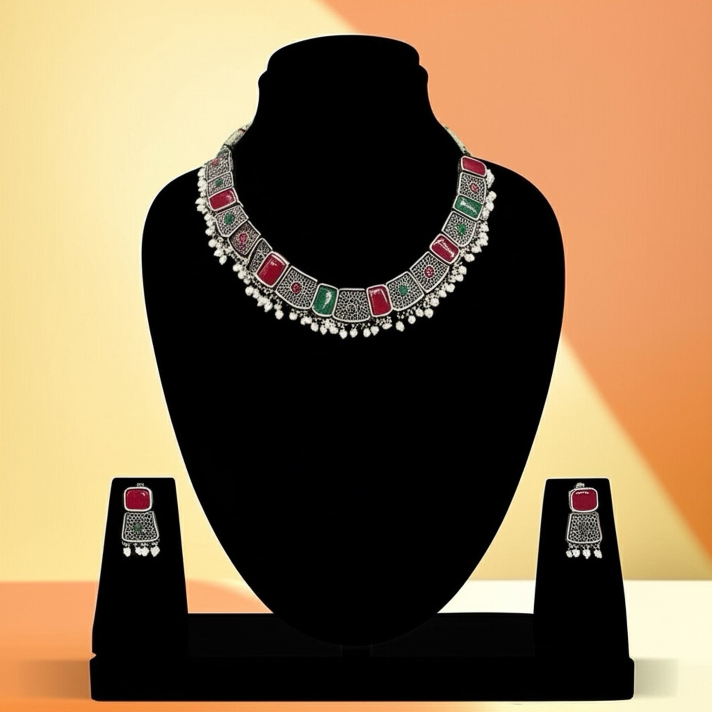 94999-NSO Classic Necklace With Oxidised Plating-Rubygreen