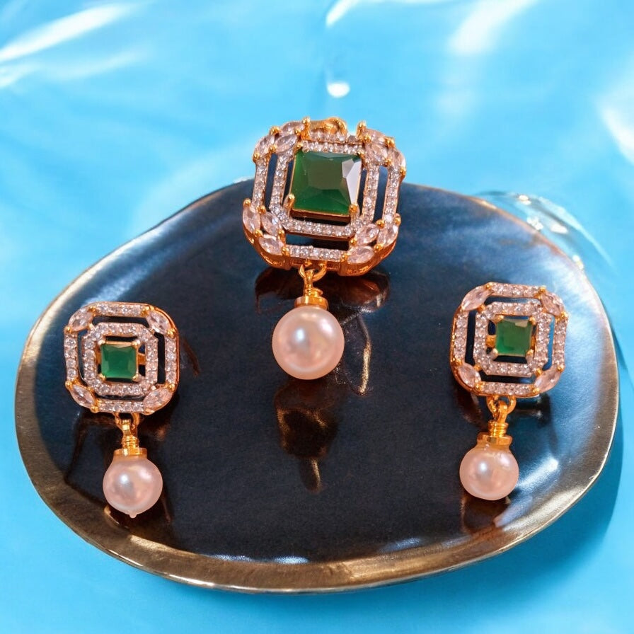 431929-American Diamond Delicate Pendant Set With Gold Plating-Green