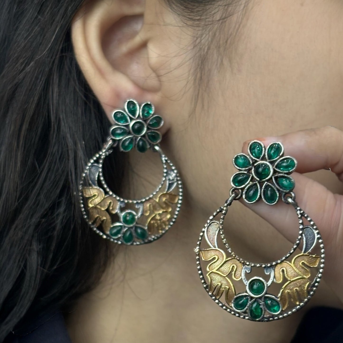 91999-ERO Pretty Precious Fashion Oxidised Silver Stylish Party Wear Earrings for Women and Girls-Green