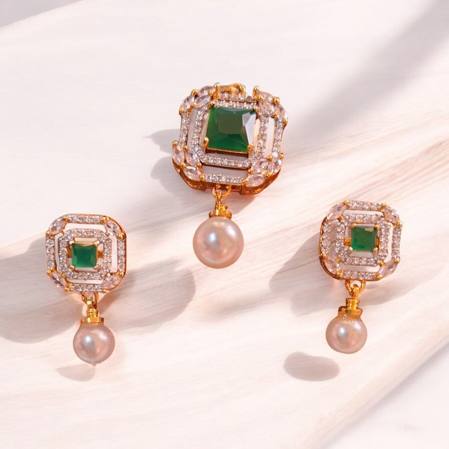 431929-American Diamond Delicate Pendant Set With Gold Plating-Green