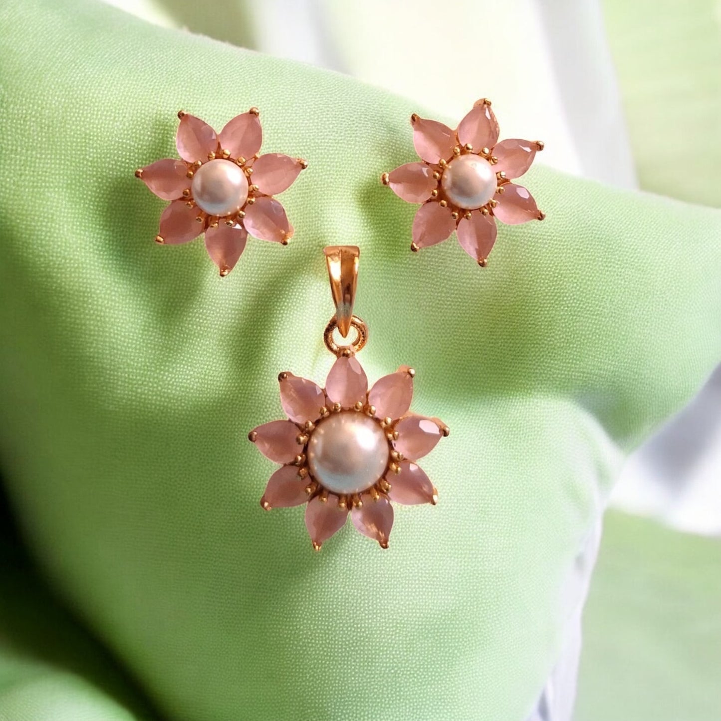 436098-American Diamond Delicate Pendant Set With Gold Plating-Pink