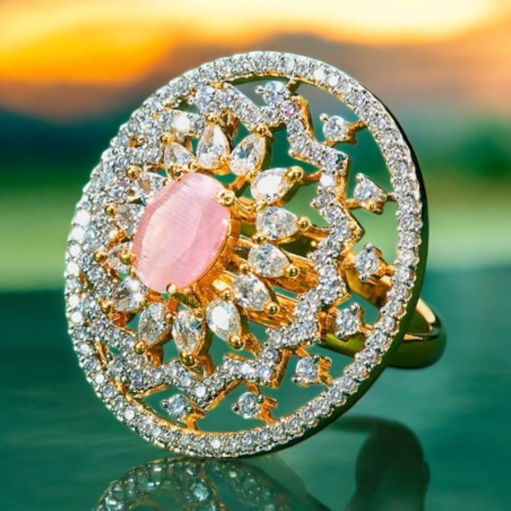 434216 Cz Adjustable Ring With Rhodium Plating Pink