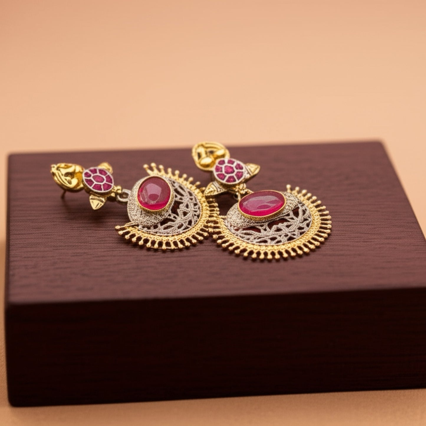 809101 Oxidised Chand Earring With 2 Tone Plating-Ruby