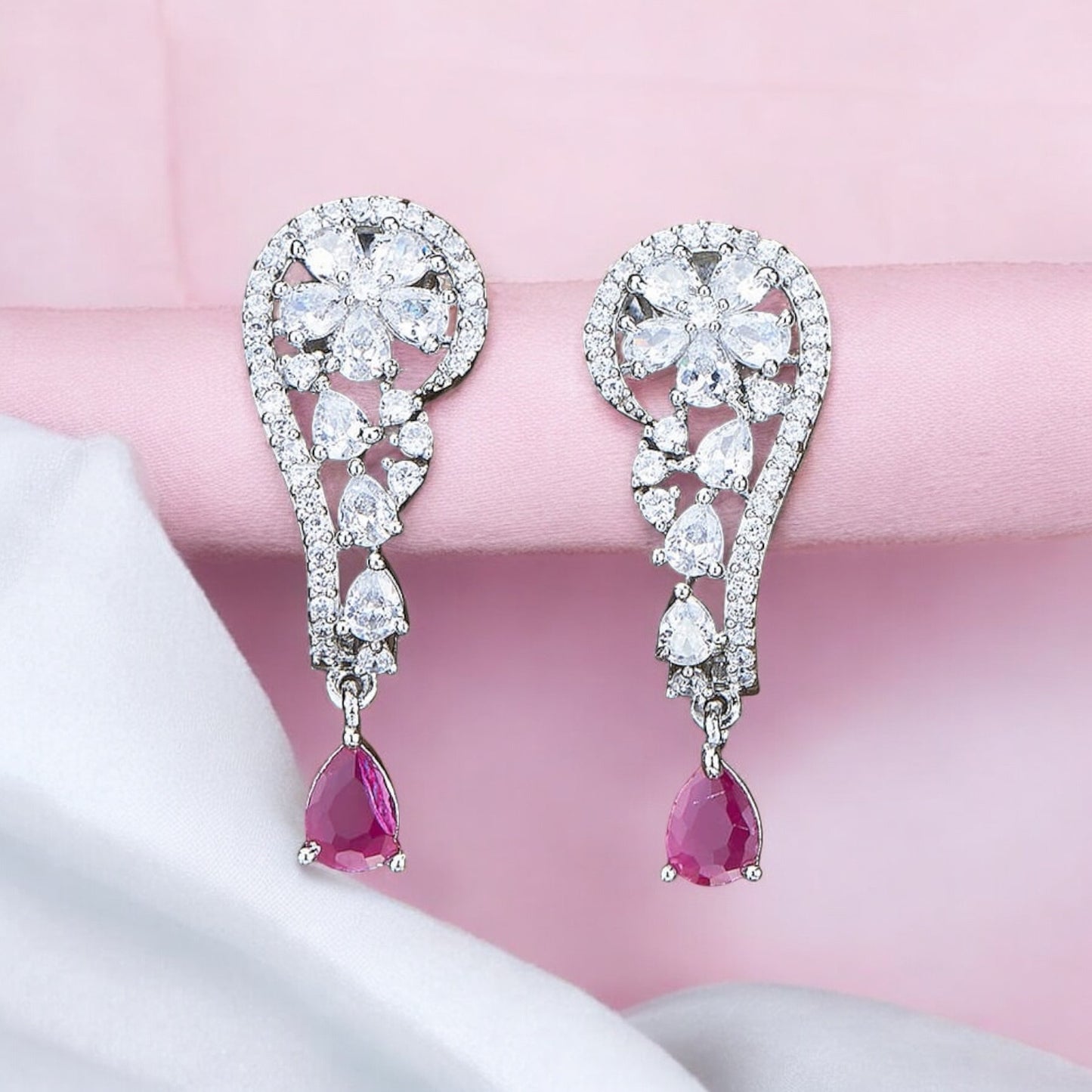 426808 CZ Earring With Rhodium Plating-Ruby