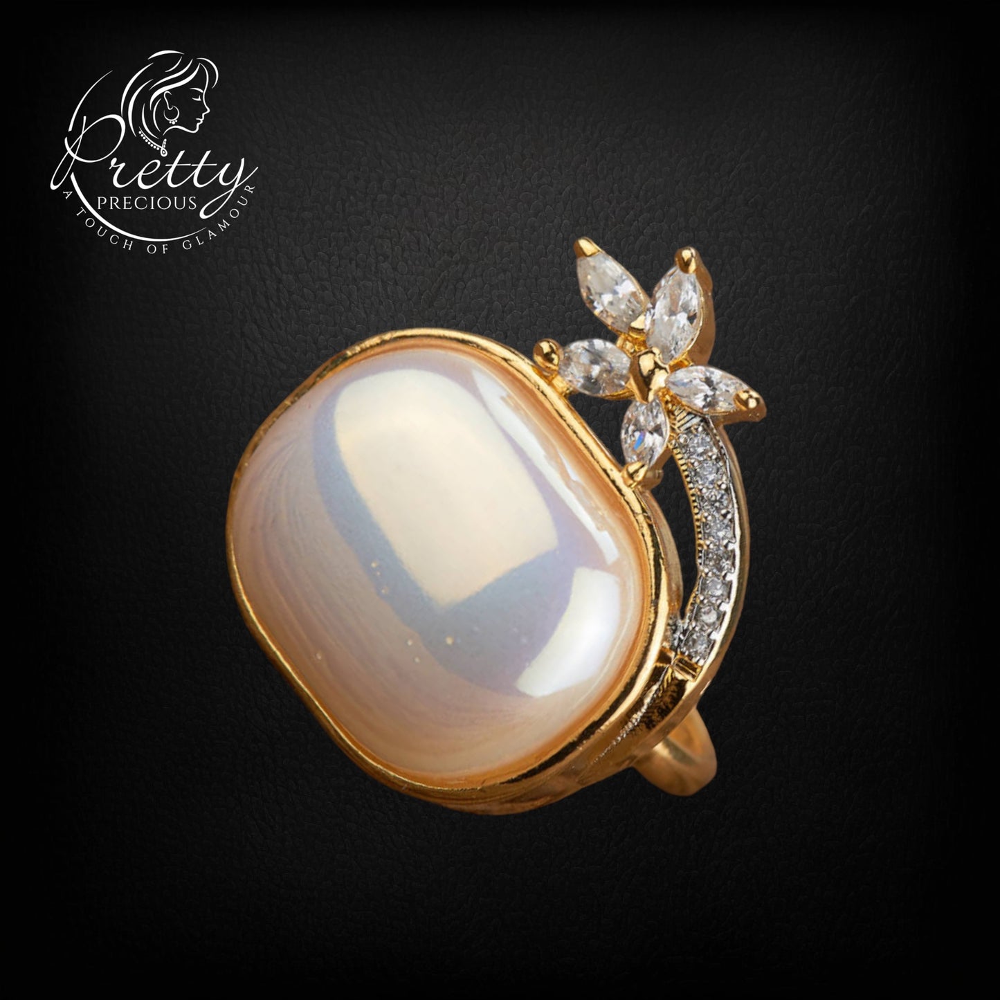 430122-Cz Pearl Ring With Rhodium 2 Tone Plating-2 Tone