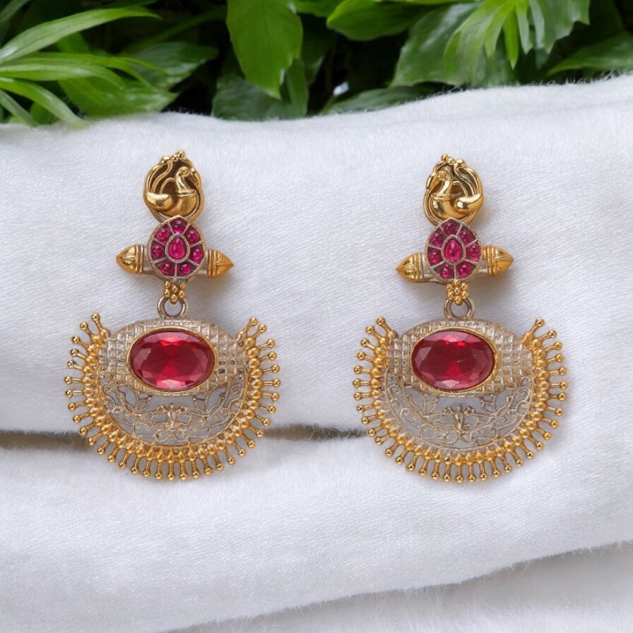 809101 Oxidised Chand Earring With 2 Tone Plating-Ruby