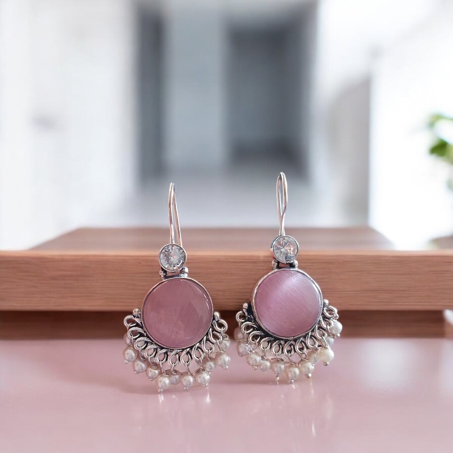 91509-ERO Pretty Precious Fashion Oxidised Silver Stylish Party Wear Earrings for Women and Girls-Pink