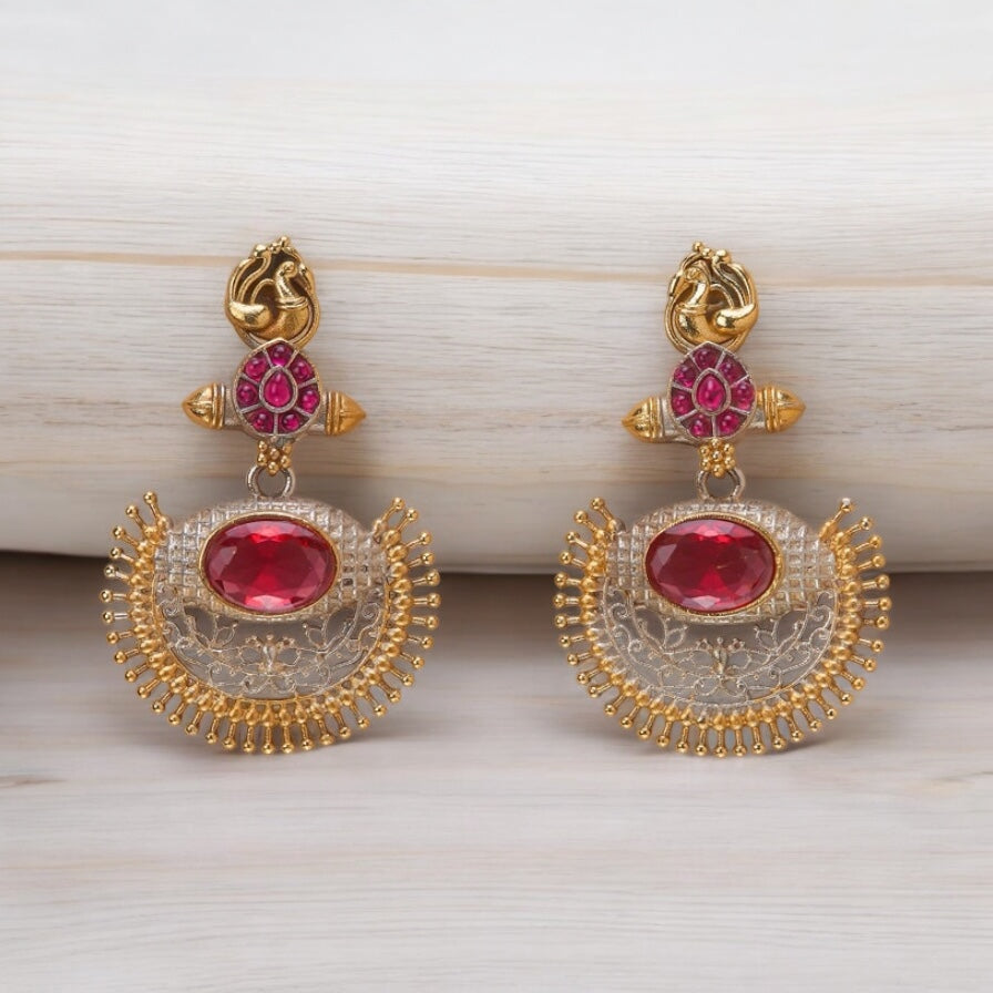 809101 Oxidised Chand Earring With 2 Tone Plating-Ruby