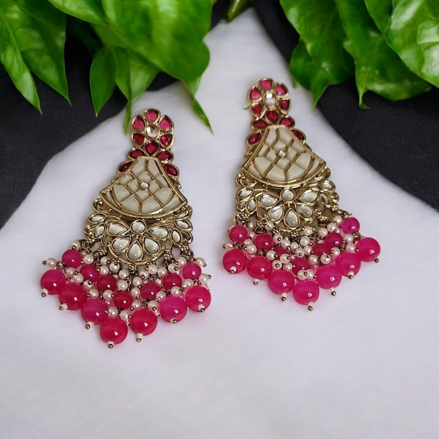 111711-Indo Western (Kundan) Earring-Dark Pink