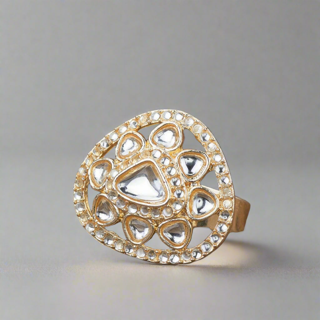 110001 Indo Western Adjustable Ring With Gold Plating-White