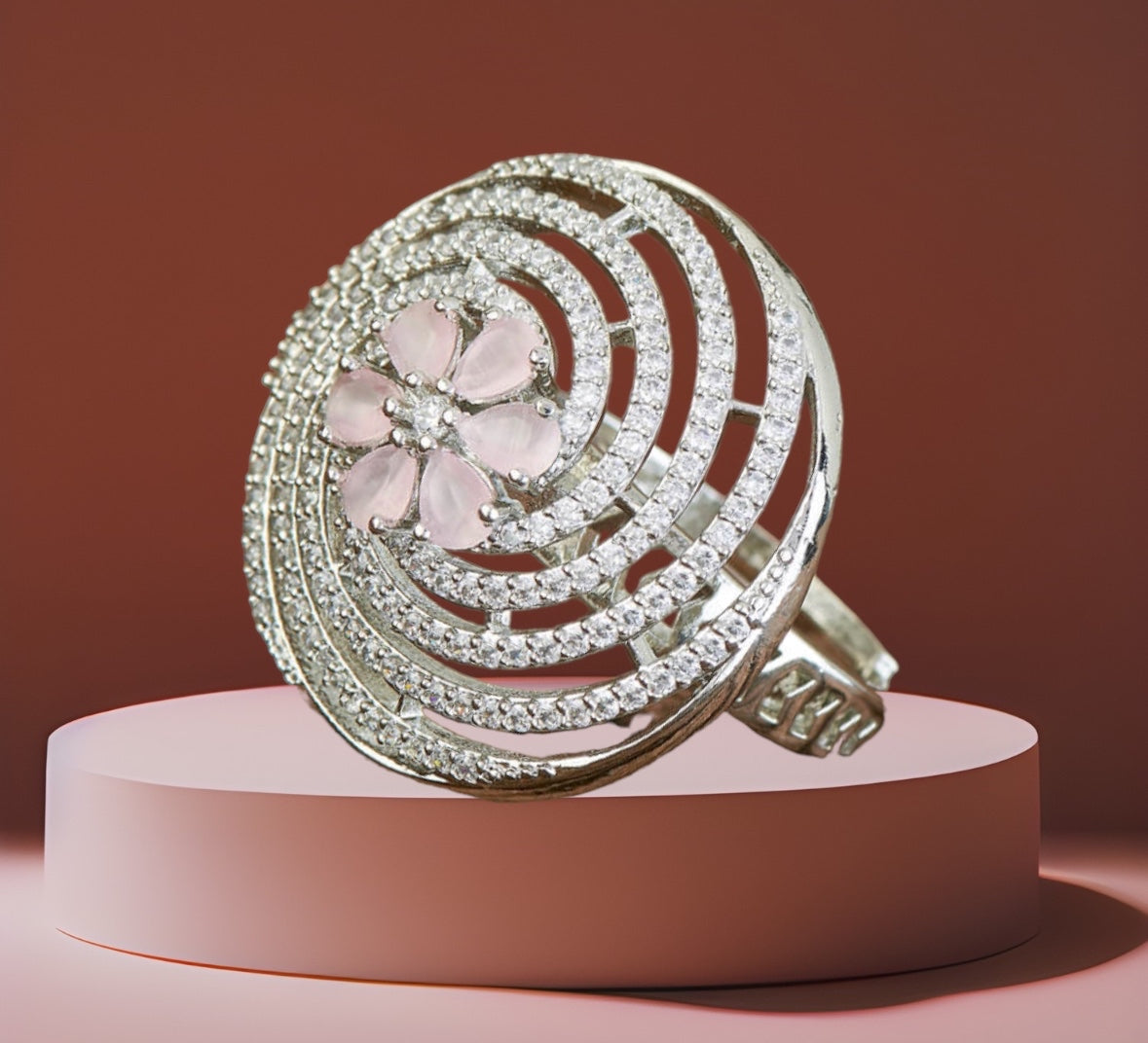 428283 Cz Adjustable Ring With Rhodium Plating-Pink