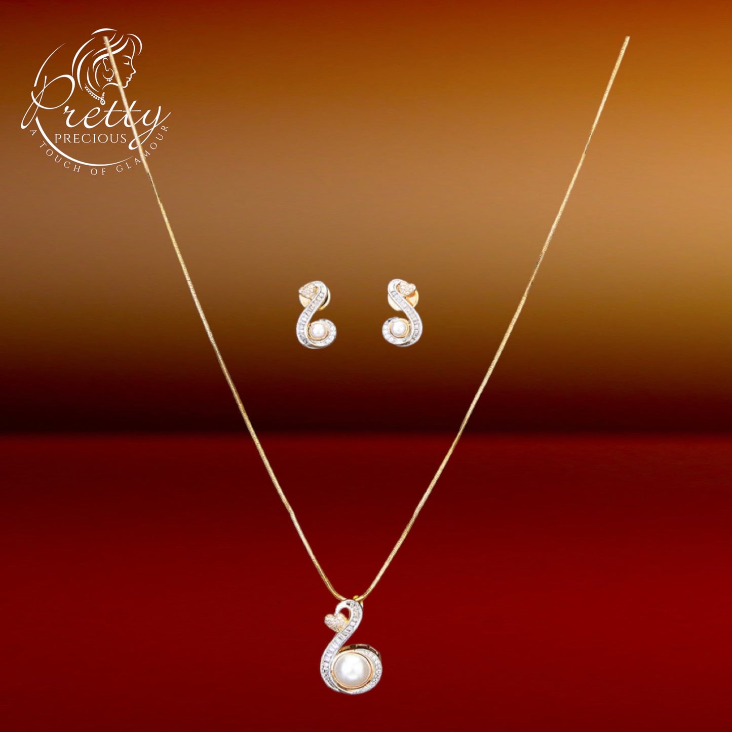 426368 Cubic Zirconia Pearl Pendant Set With 2 Tone Plating