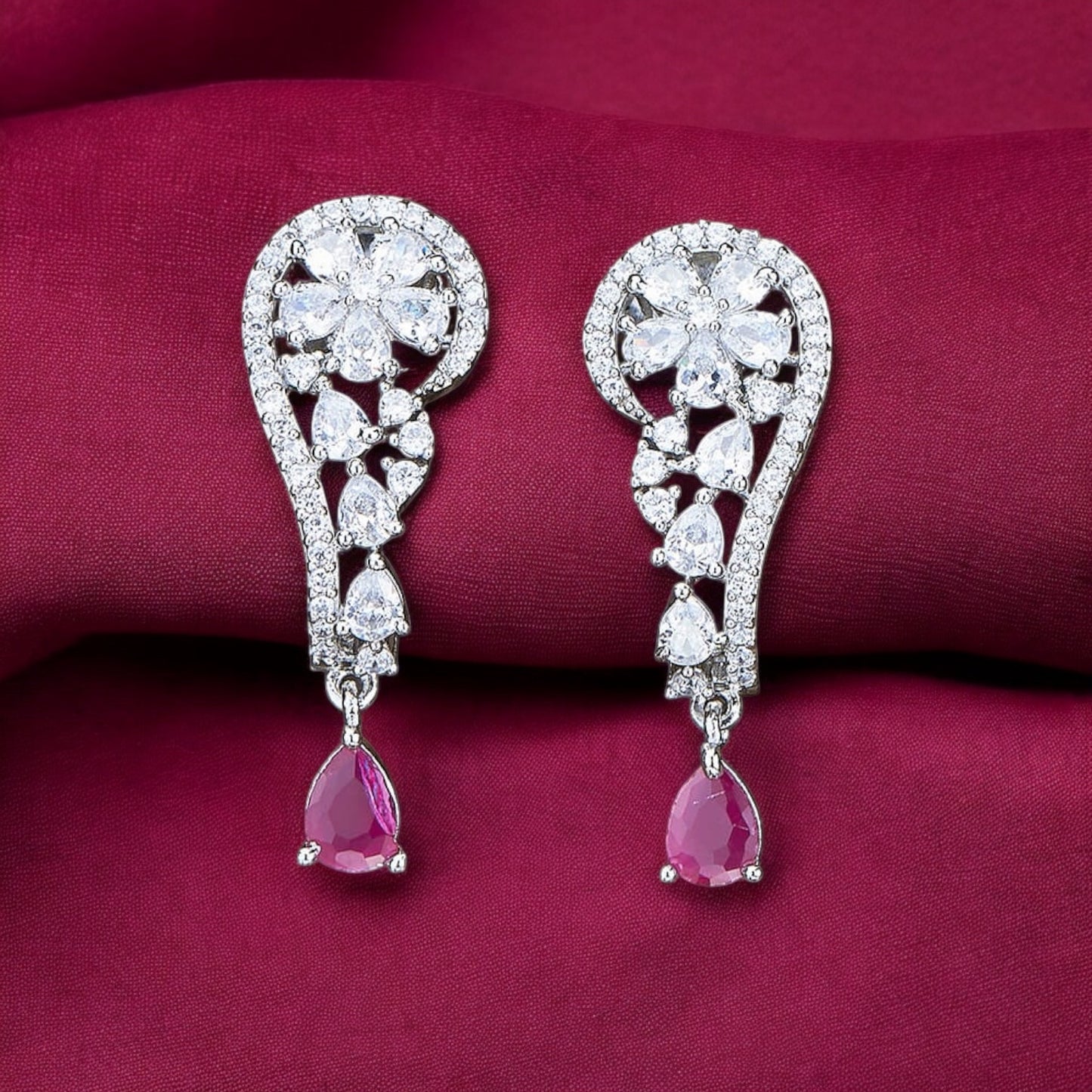 426808 CZ Earring With Rhodium Plating-Ruby