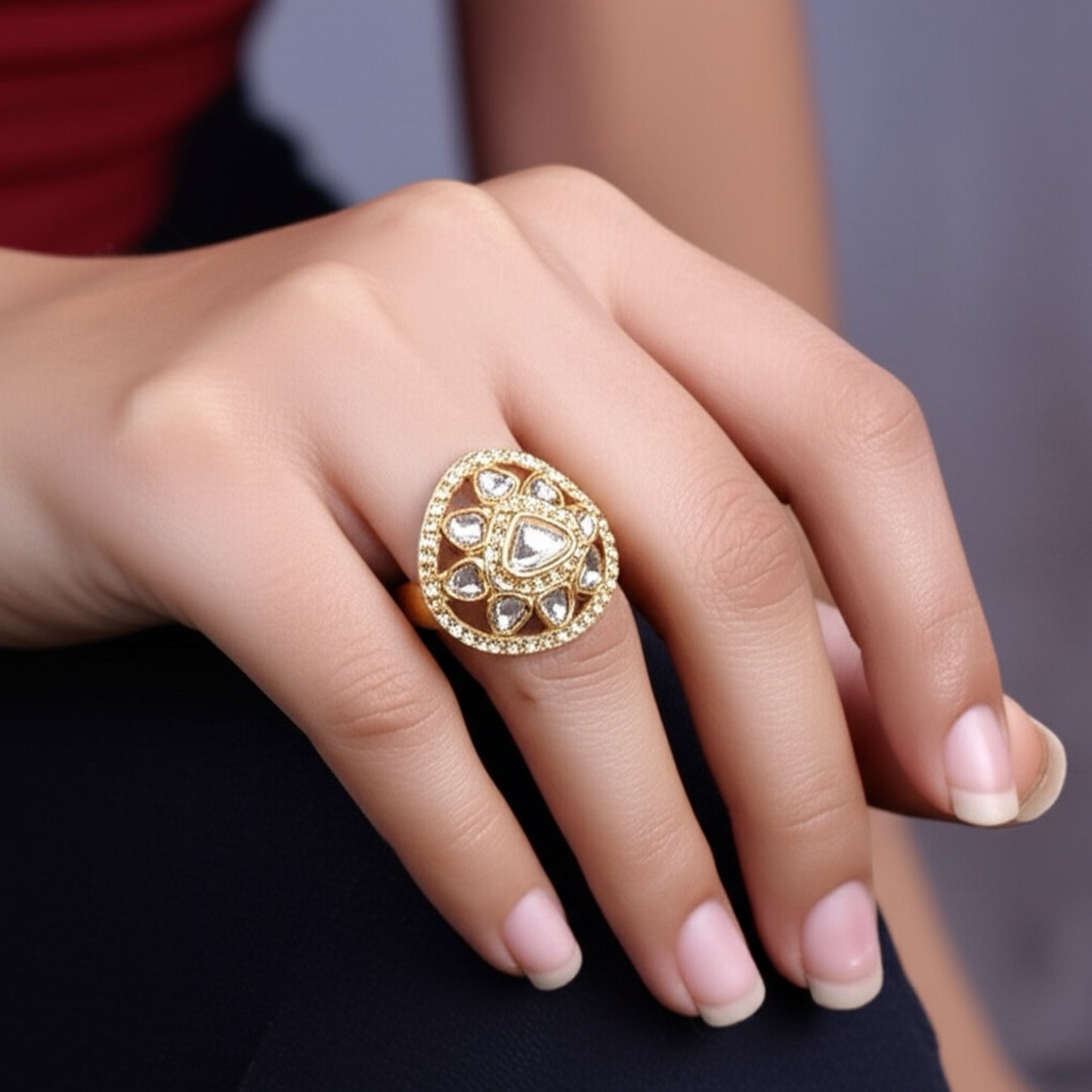 110001 Indo Western Adjustable Ring With Gold Plating-White