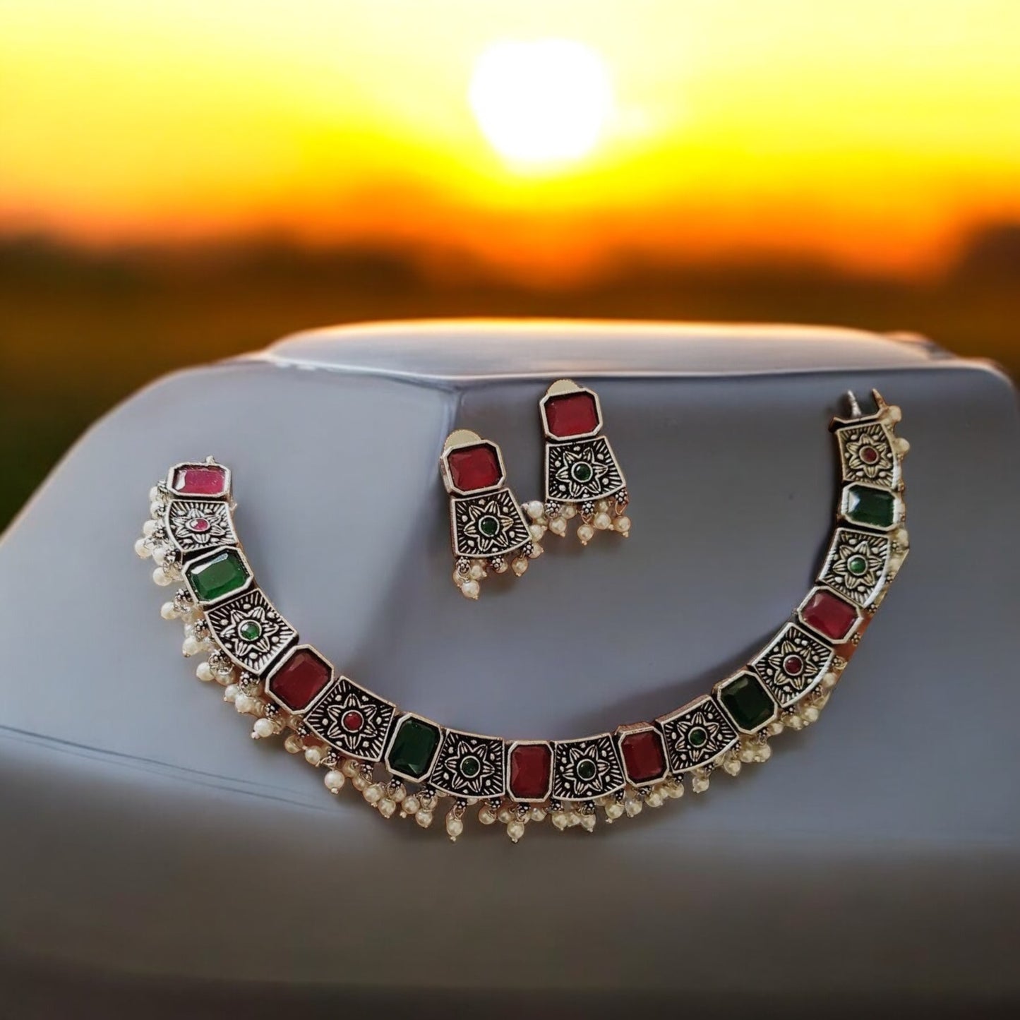 94999-NSO Classic Necklace With Oxidised Plating-Rubygreen