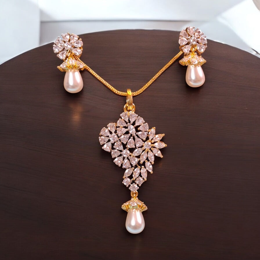 93509-PS-American Diamond Delicate Pendant Set With Gold Plating-Pearl