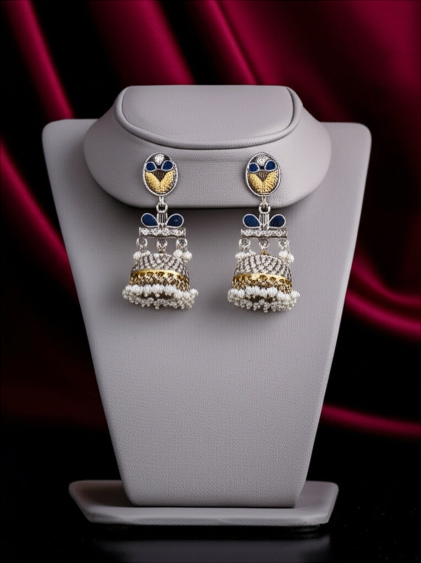 807521 Oxidised Pearl Jhumki With 2 Tone Plating-Blue