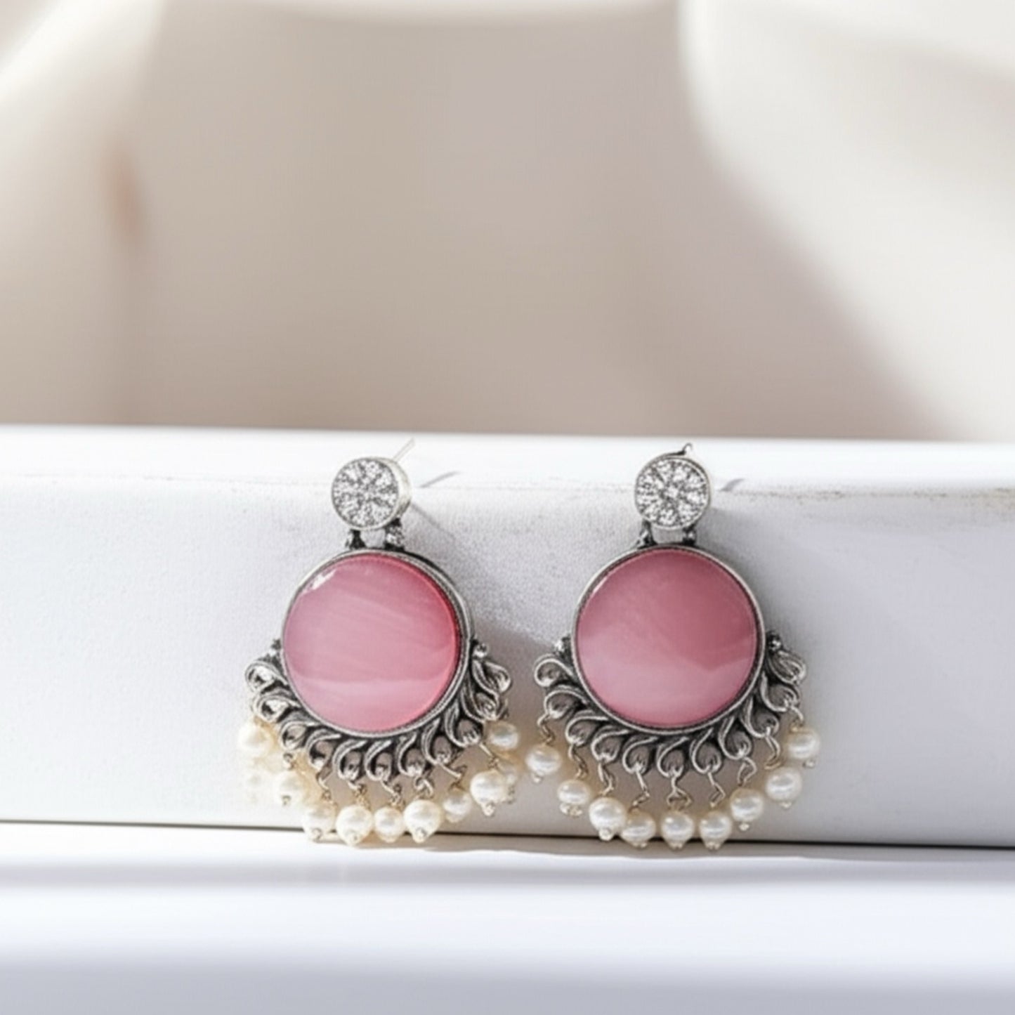 91509-ERO Pretty Precious Fashion Oxidised Silver Stylish Party Wear Earrings for Women and Girls-Pink