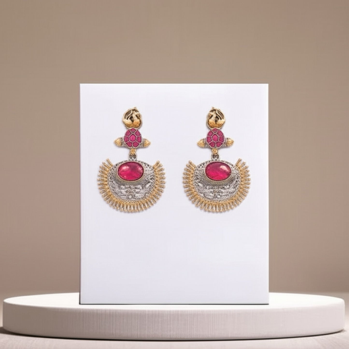 809101 Oxidised Chand Earring With 2 Tone Plating-Ruby
