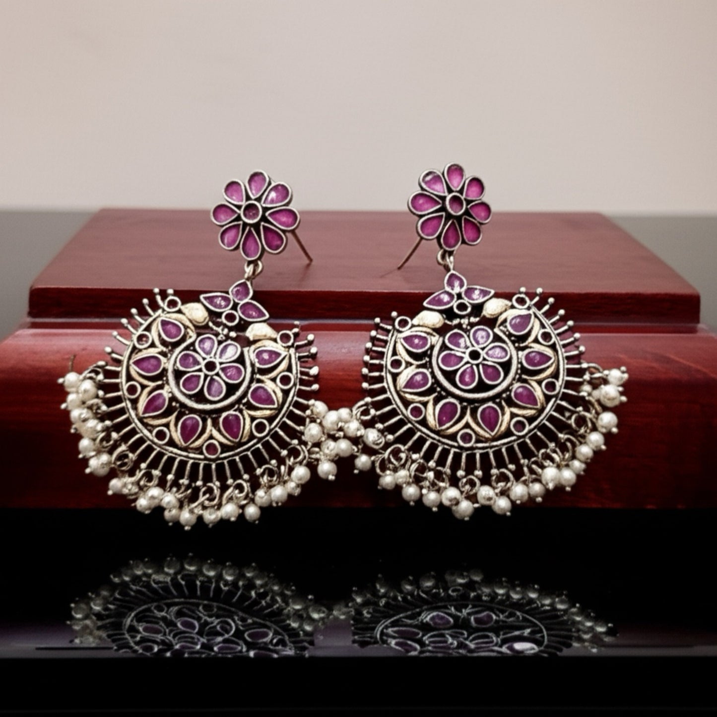 803751 Classic Earring With Oxidised Plating-Ruby