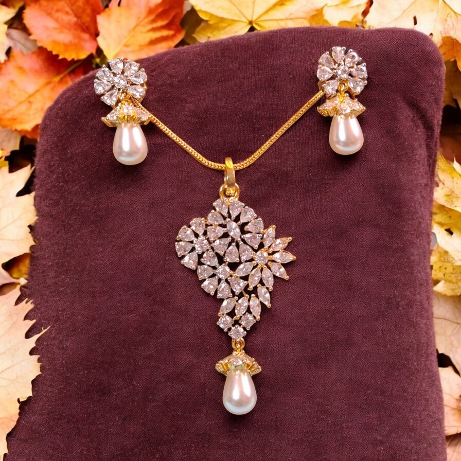 93509-PS-American Diamond Delicate Pendant Set With Gold Plating-Pearl
