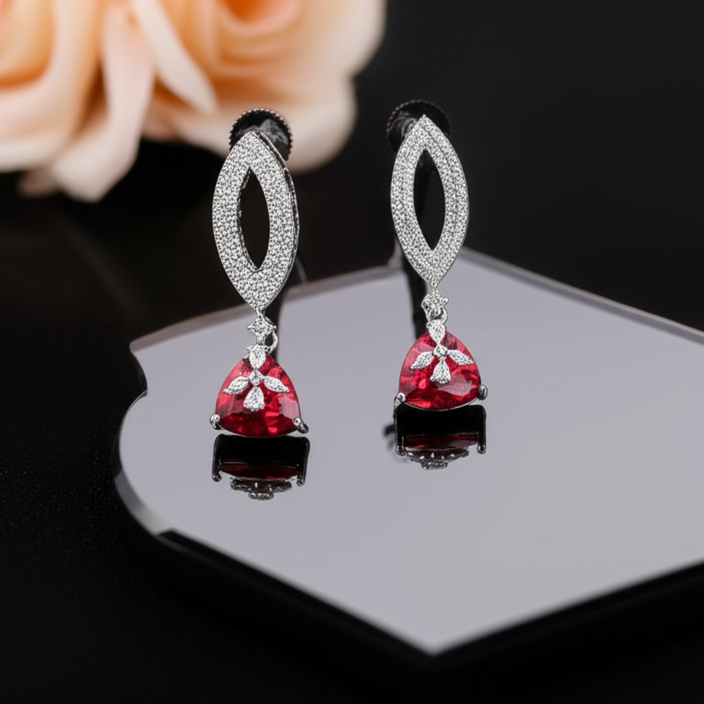 432353 CZ Earring With Rhodium Plating-Ruby