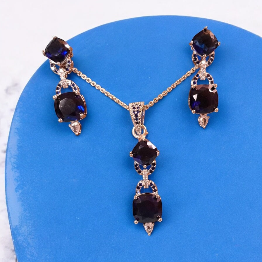 92509-PS-American Diamond Delicate Pendant Set With Rhodium Plating-Blue