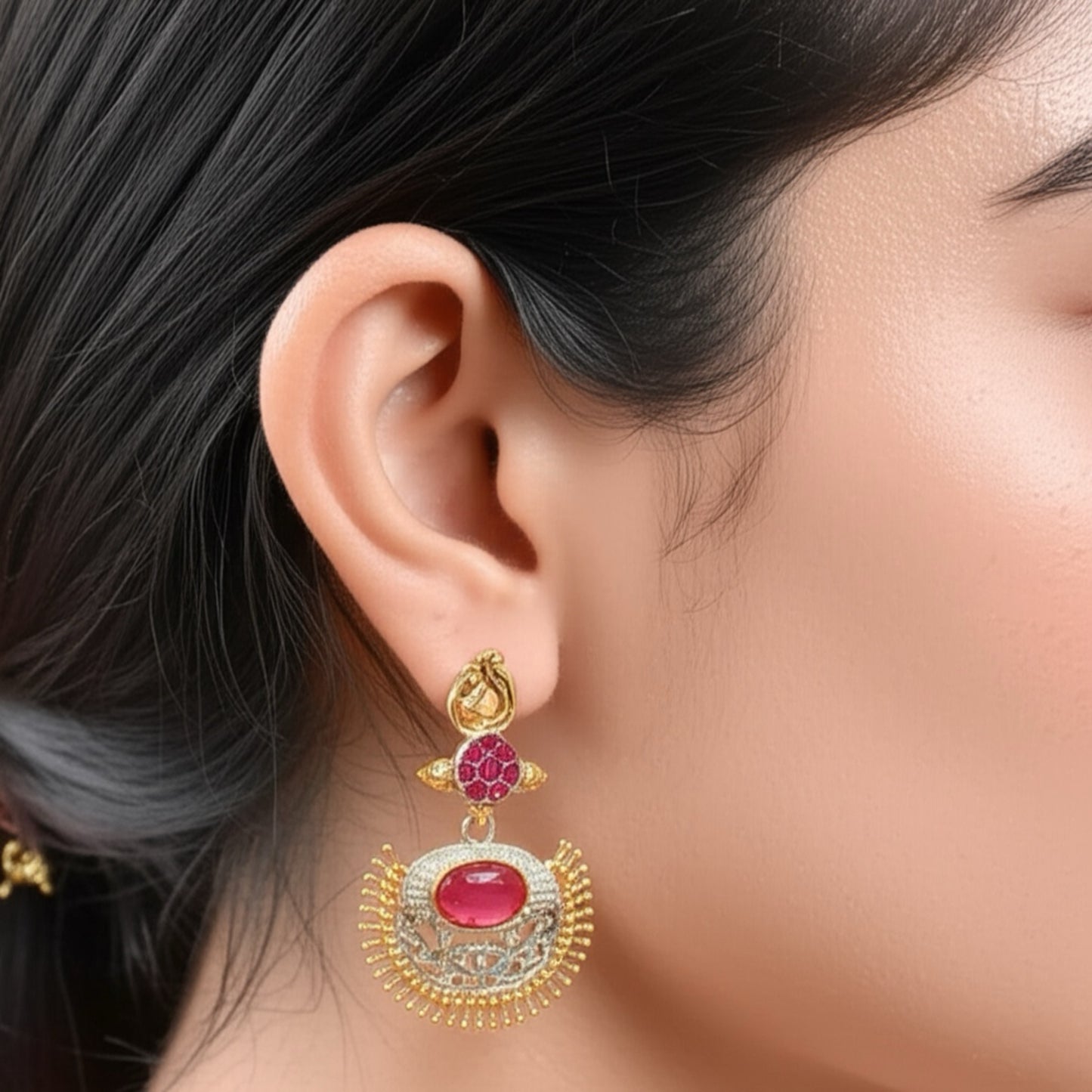 809101 Oxidised Chand Earring With 2 Tone Plating-Ruby
