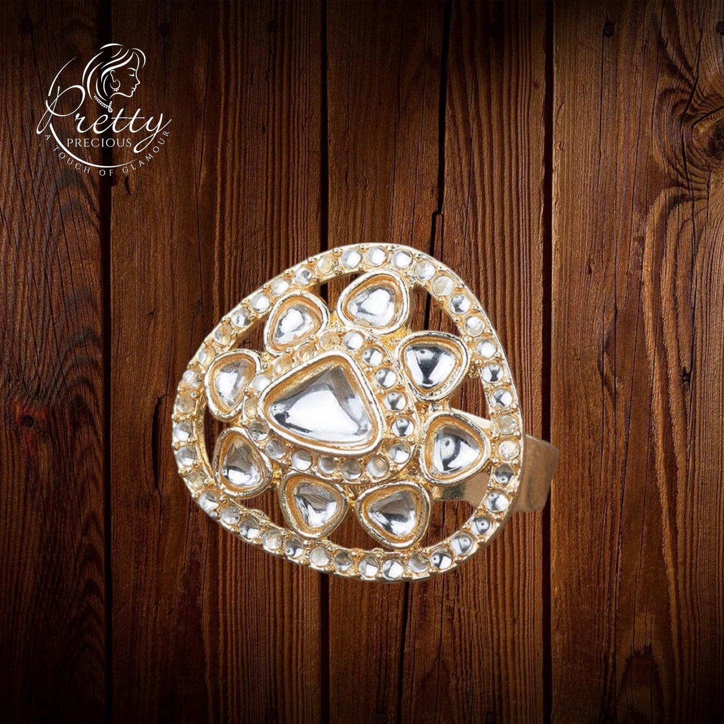 110001 Indo Western Adjustable Ring With Gold Plating-White