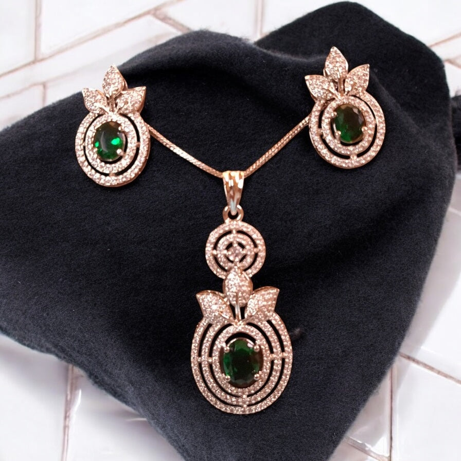 93909-PS-American Diamond Delicate Pendant Set With Rhodium Plating-Green