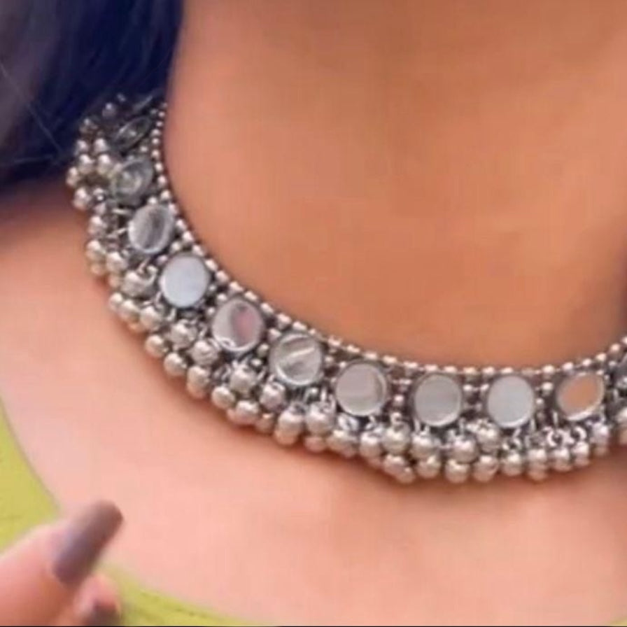 91999-NSO Classic Mirror work Neck Piece With Oxidised Plating