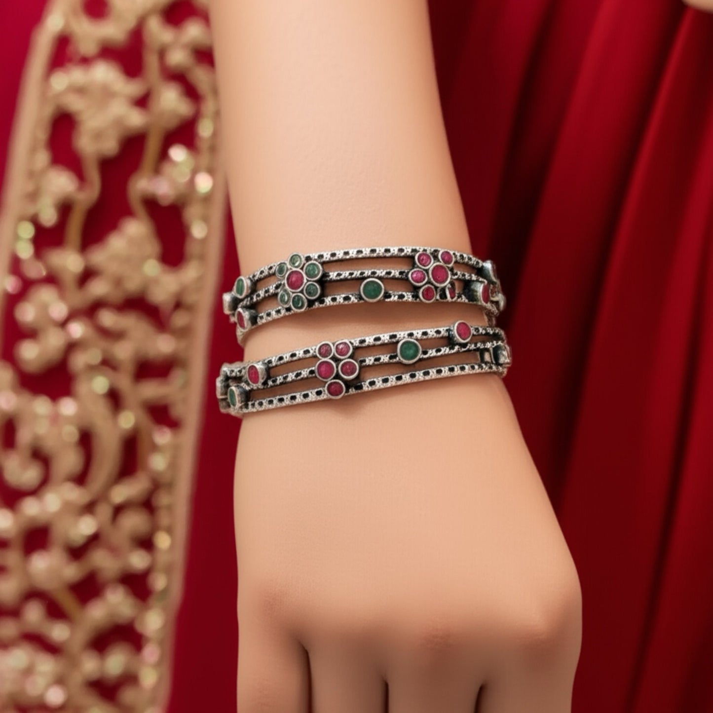 808866 Classic Bangles With Oxidised Plating-Size 2.4-Ruby