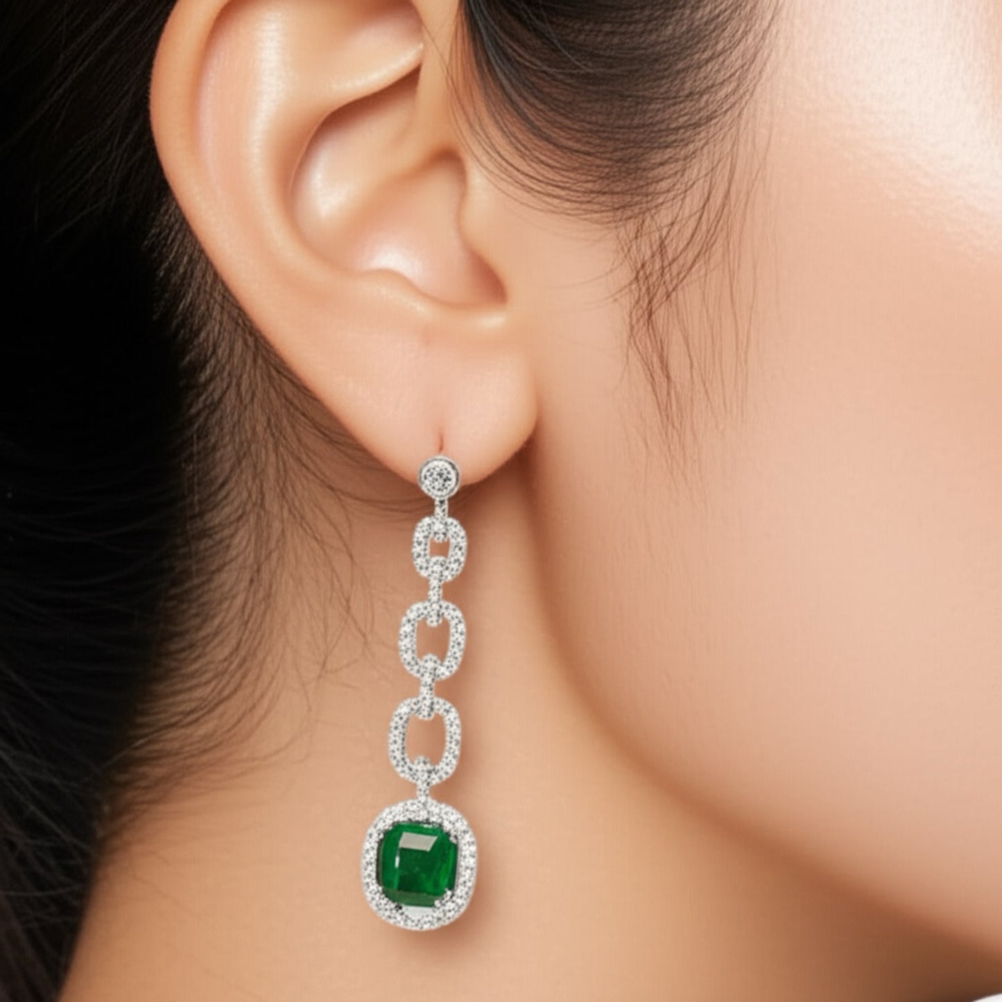 437589 CZ Earring With Rhodium Plating-Green
