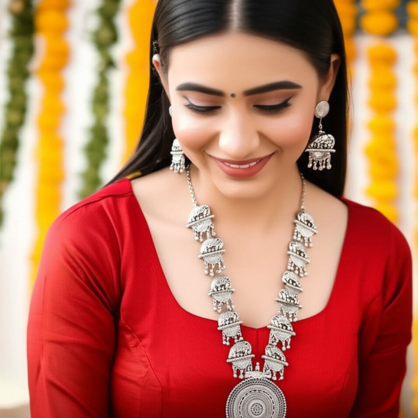 93999-NSO Classic Necklace With Oxidised Plating-Elephant Design