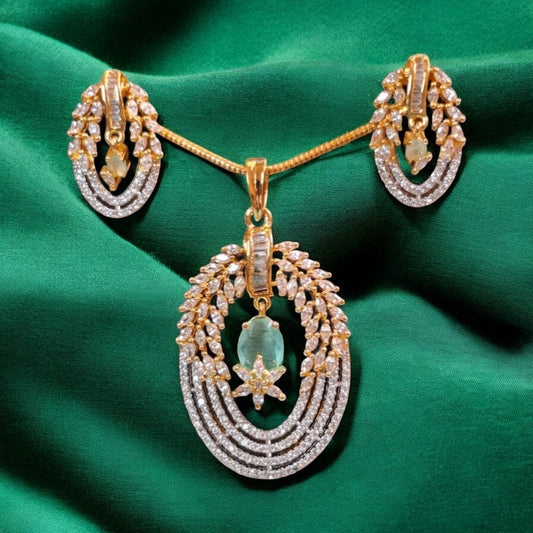 96159-PS-American Diamond Delicate Pendant Set With Gold Plating-Mint