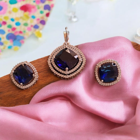 436101-American Diamond Delicate Pendant Set With Rhodium Plating-Blue
