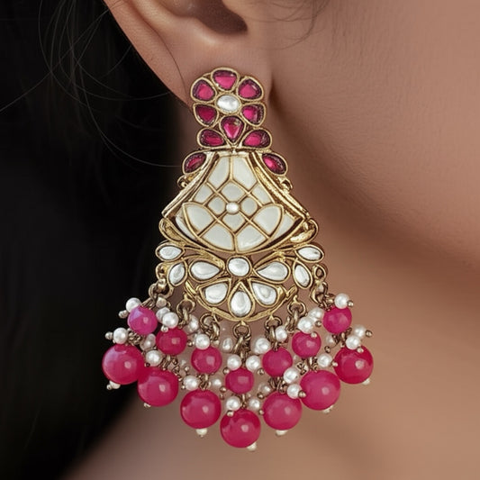111711-Indo Western (Kundan) Earring-Dark Pink