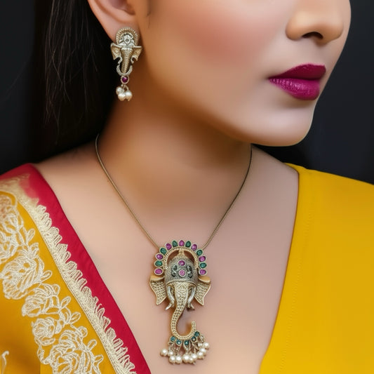 NS-35325 Pendant Set With Oxidized Plating-Rubygreen